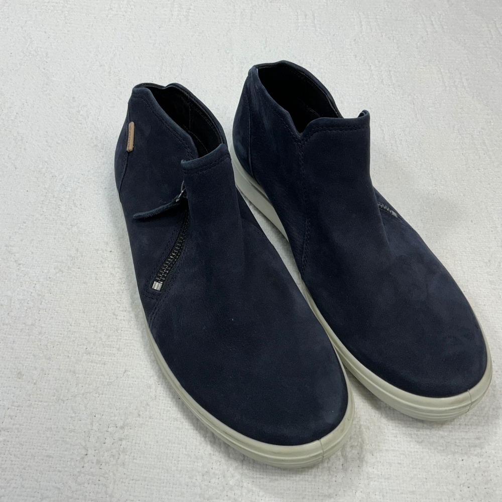 ECCO Soft 7 Women Navy Blue Nubuck Leather Side‎ Zip High Top Sneakers Shoes